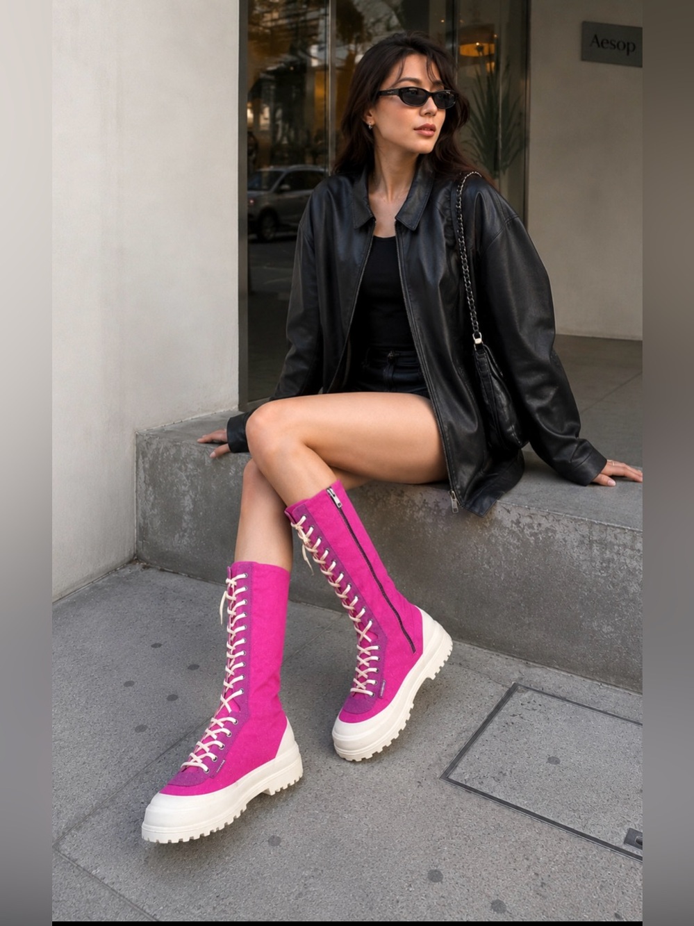 Superga Fuchsia Lace-Up Platform Combat Boots with Cream Soles
